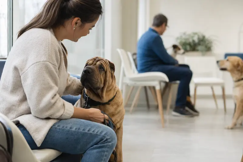 Ein Chinesischer Faltenhund sitzt ruhig neben seinem Besitzer im hellen Wartezimmer einer modernen Tierarztpraxis.